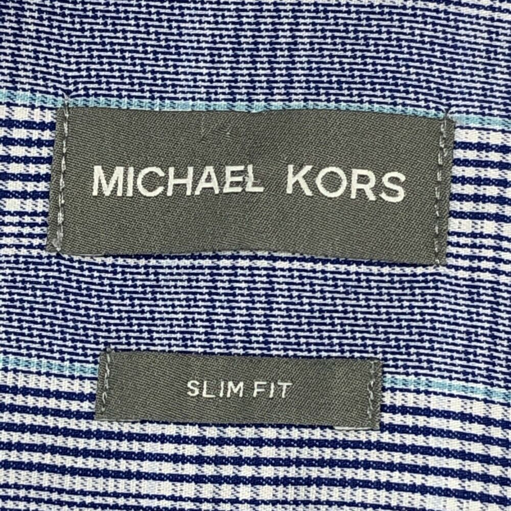 Michael Kors Mens Size 16 Large Slim Fit Blue Dress Shirt Plaid 32/33 Sleeve - Picture 4 of 7